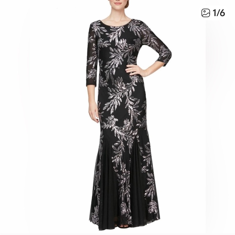 Alex Evenings Gilded Leaf Sequin Black Pewter Evening Dress. Size 6